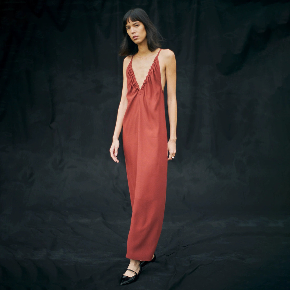 ZARA Minimalist Loose Long Terracotta Pleated Slip Dress